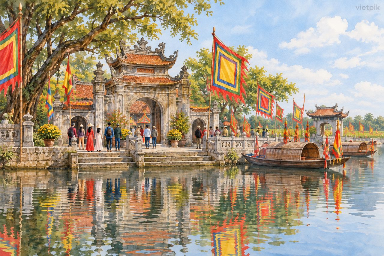 Concept of temple banners reflected in still water
