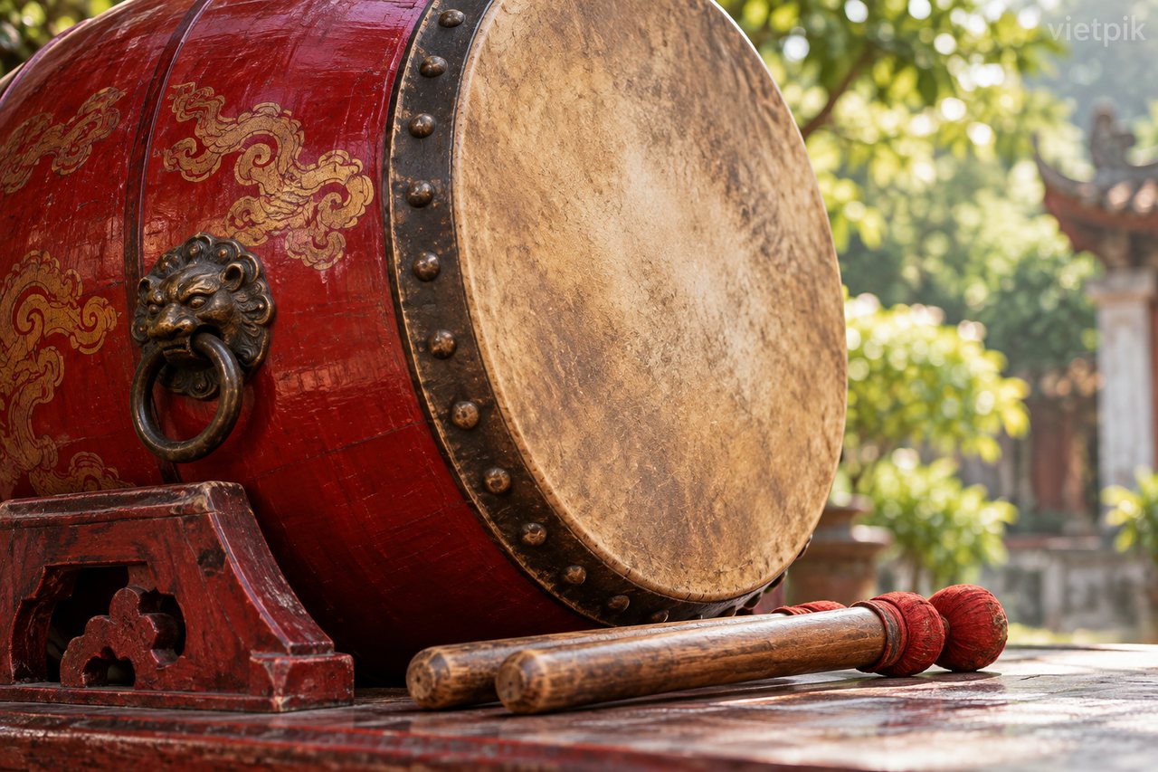 Close-up of a red ceremonial drum