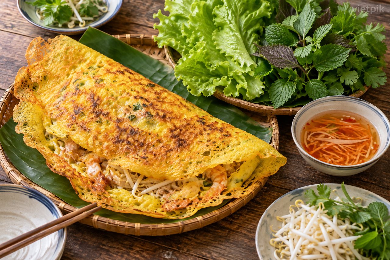 Bánh xèo with greens and dipping sauce