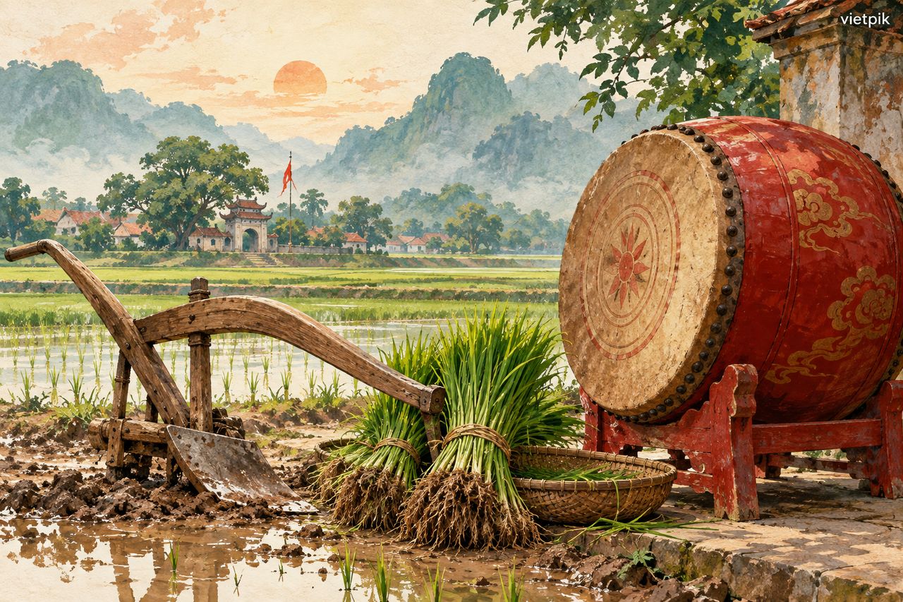 A plough, rice seedlings and village drum beside a field