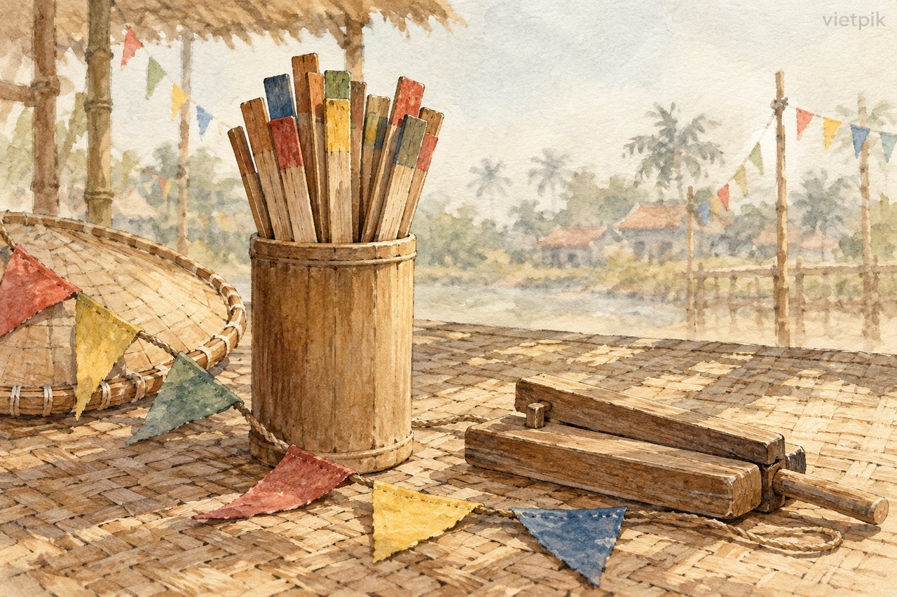 Conceptual bamboo sticks, pennants and a wooden clapper