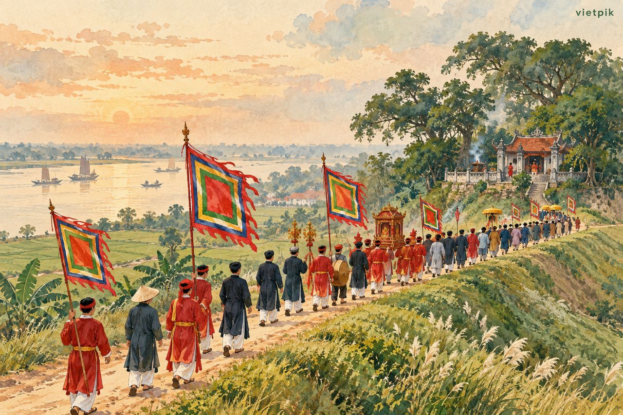 A respectful village procession on a river dyke