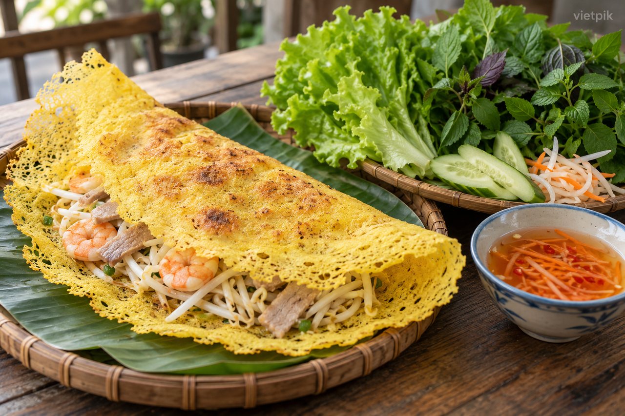 Large southern-style bánh xèo with greens