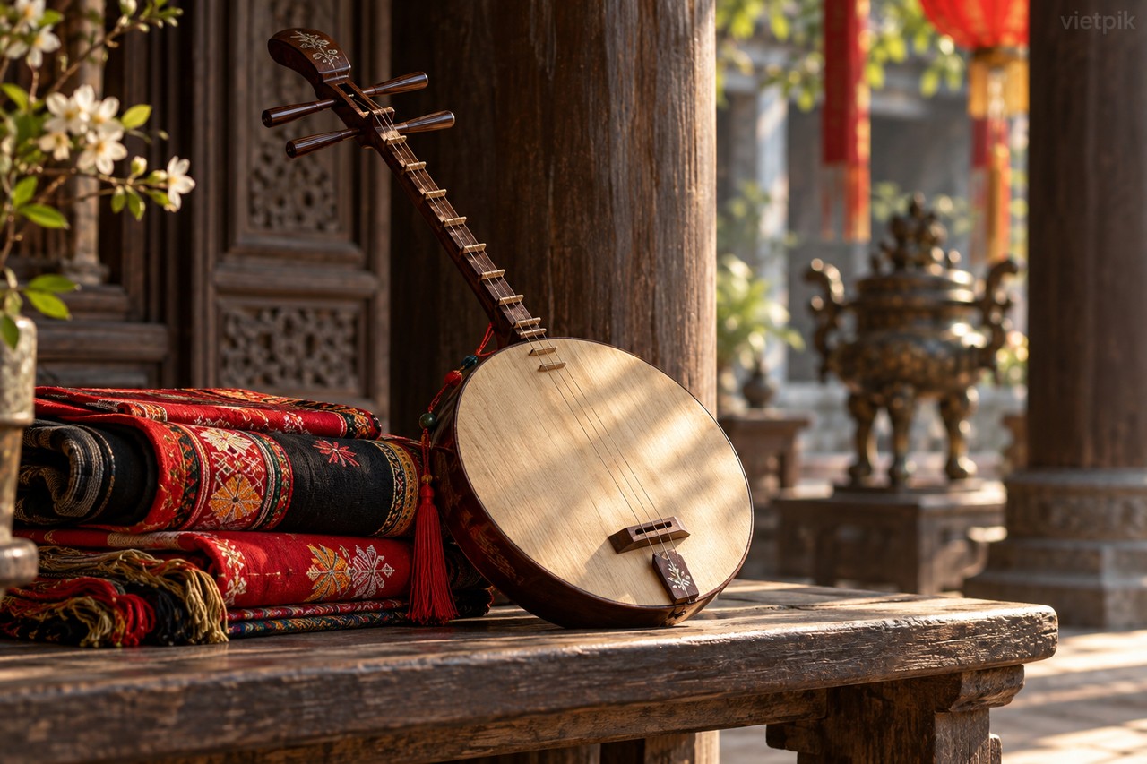 Moon-lute-inspired instrument beside folded textiles