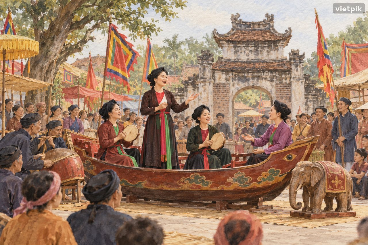 Women singing aboard a symbolic wooden boat on land with a wooden elephant nearby