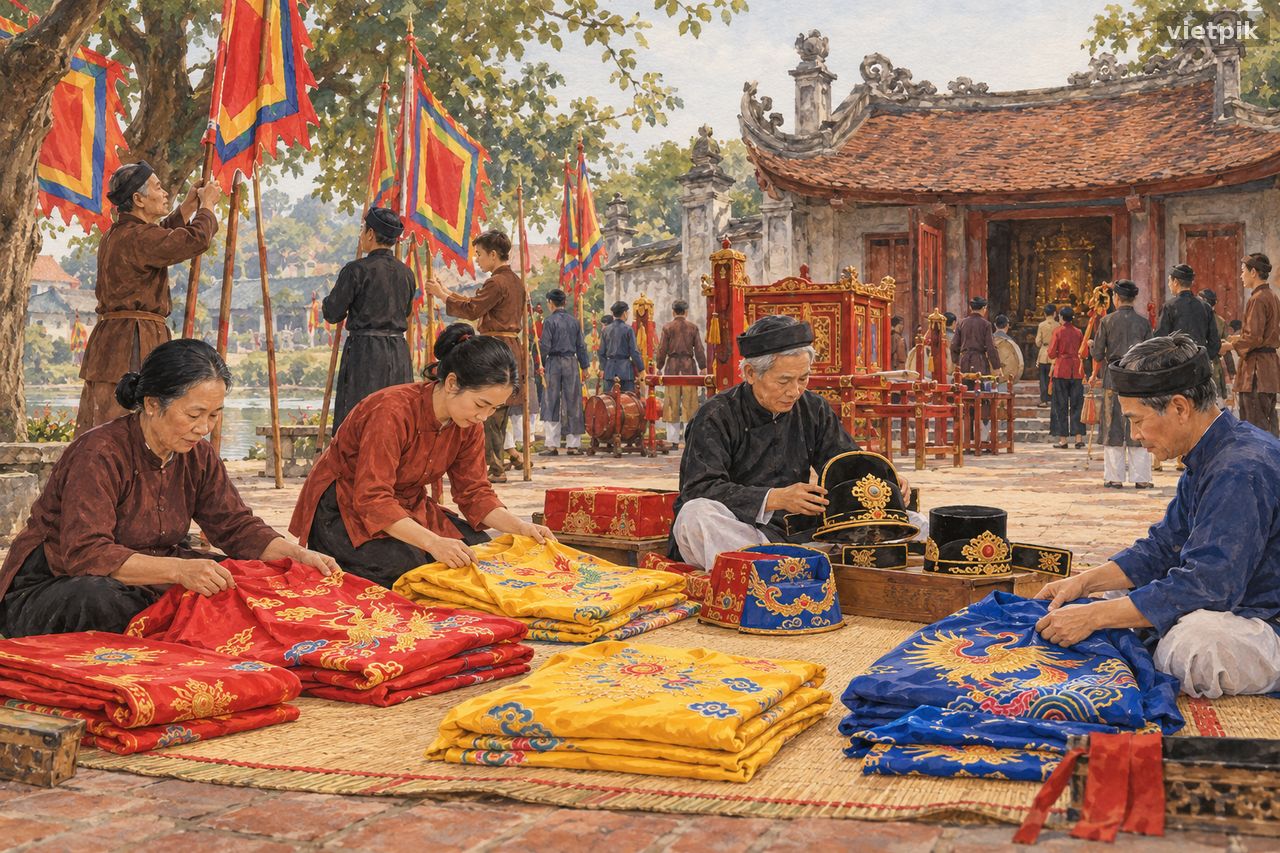 Community members preparing court-role garments and flags before a village procession