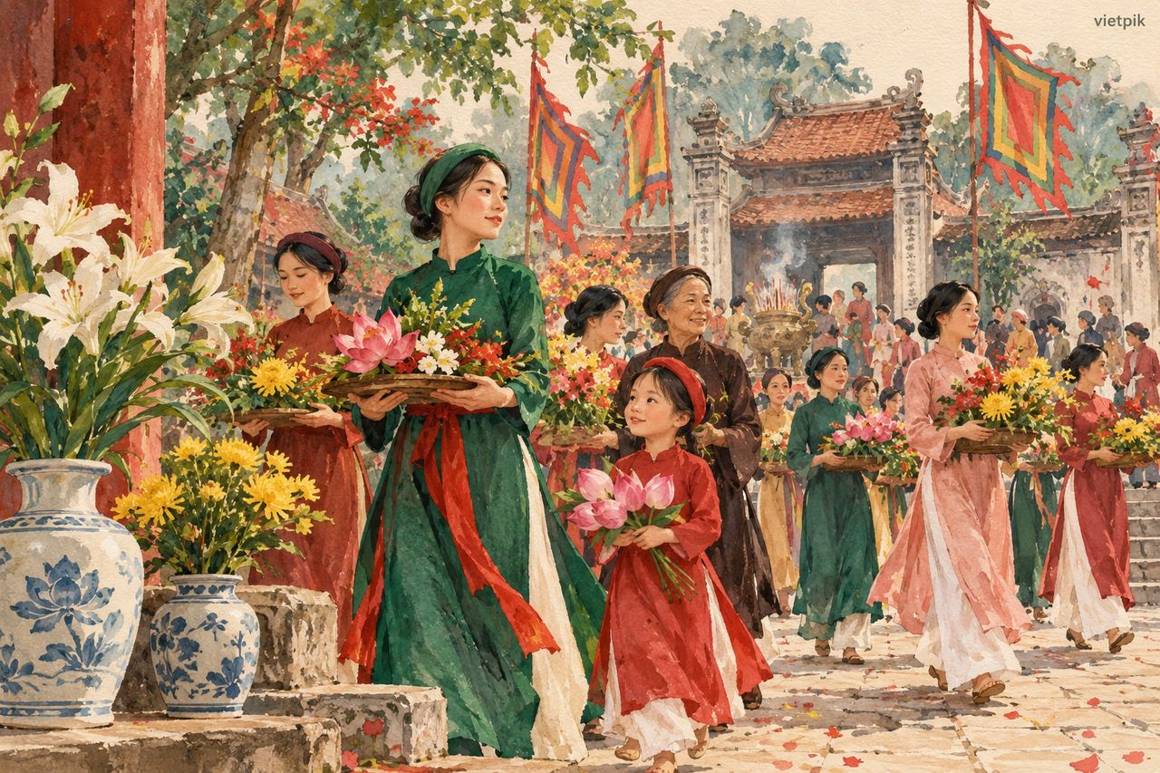 Women of different generations carrying flower offerings