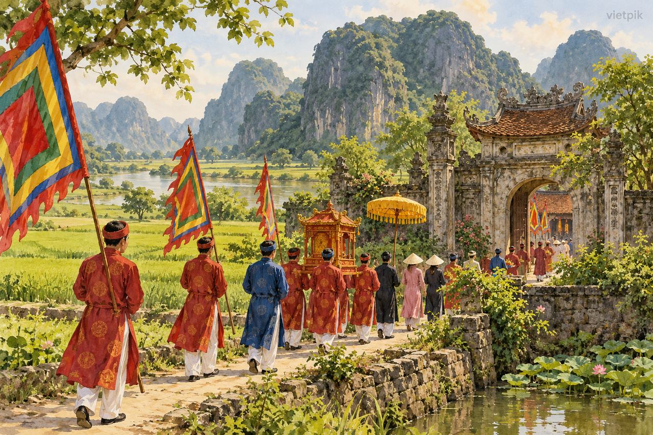 Thai Vi Temple Festival: village processions and Tran memory near Tam Coc