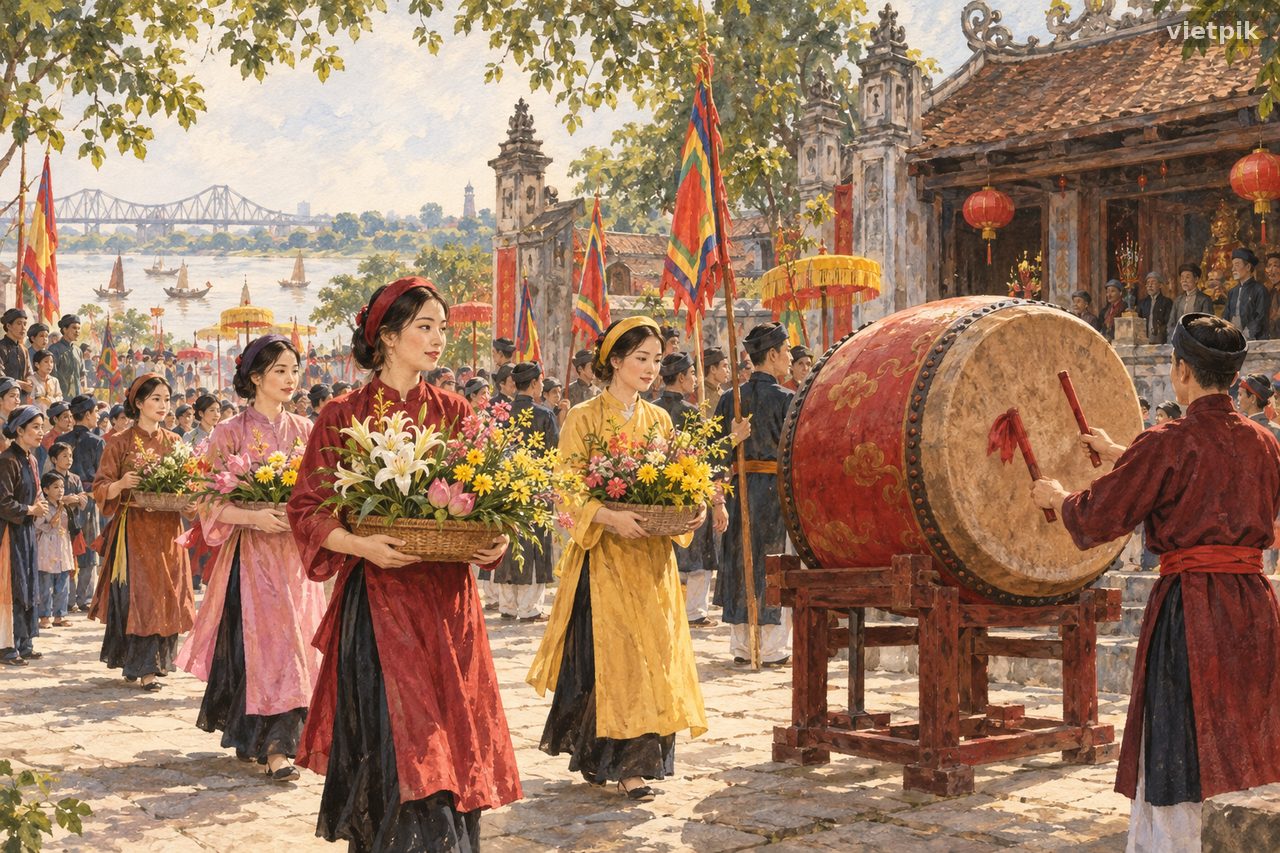 Women carrying flowers beside a drum in a respectful festival scene