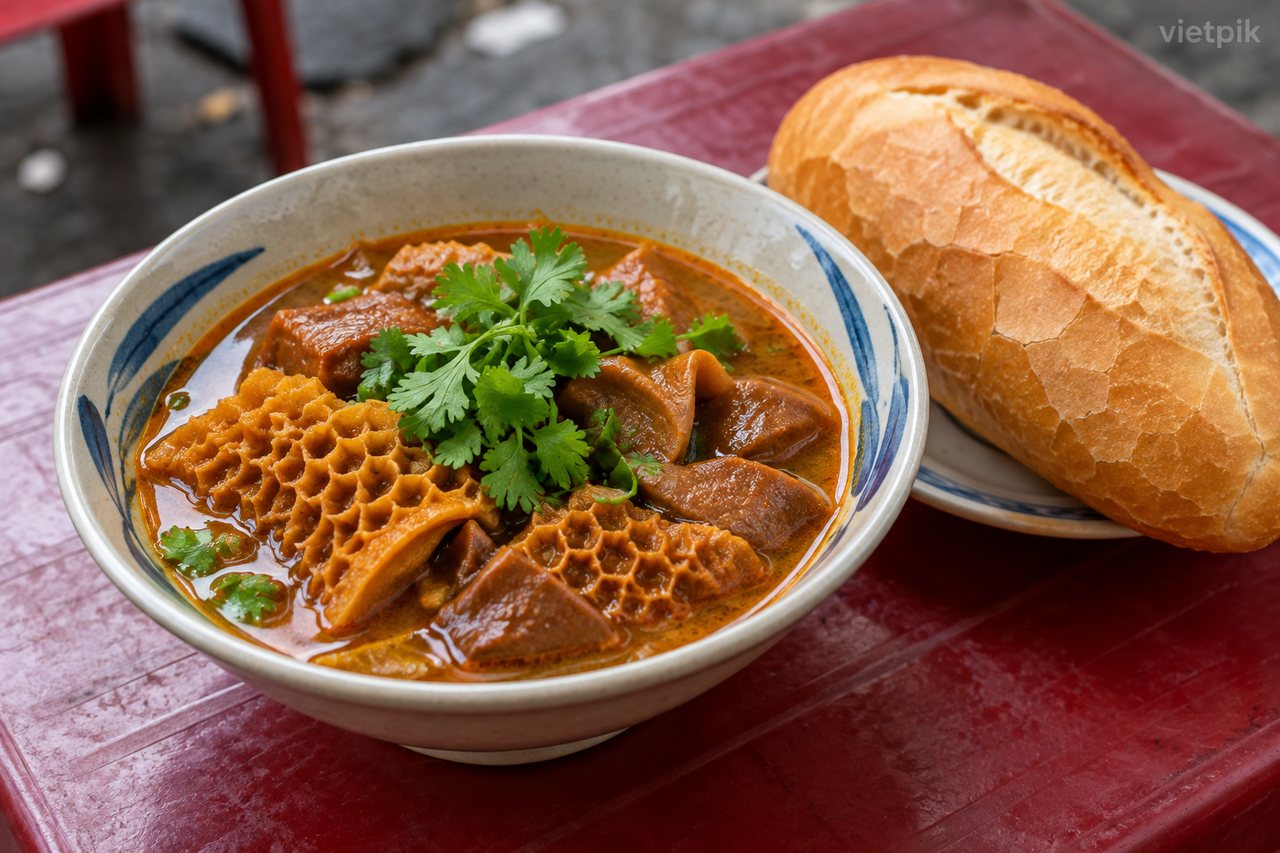 A bowl of coconut-rich phá lấu beside bread