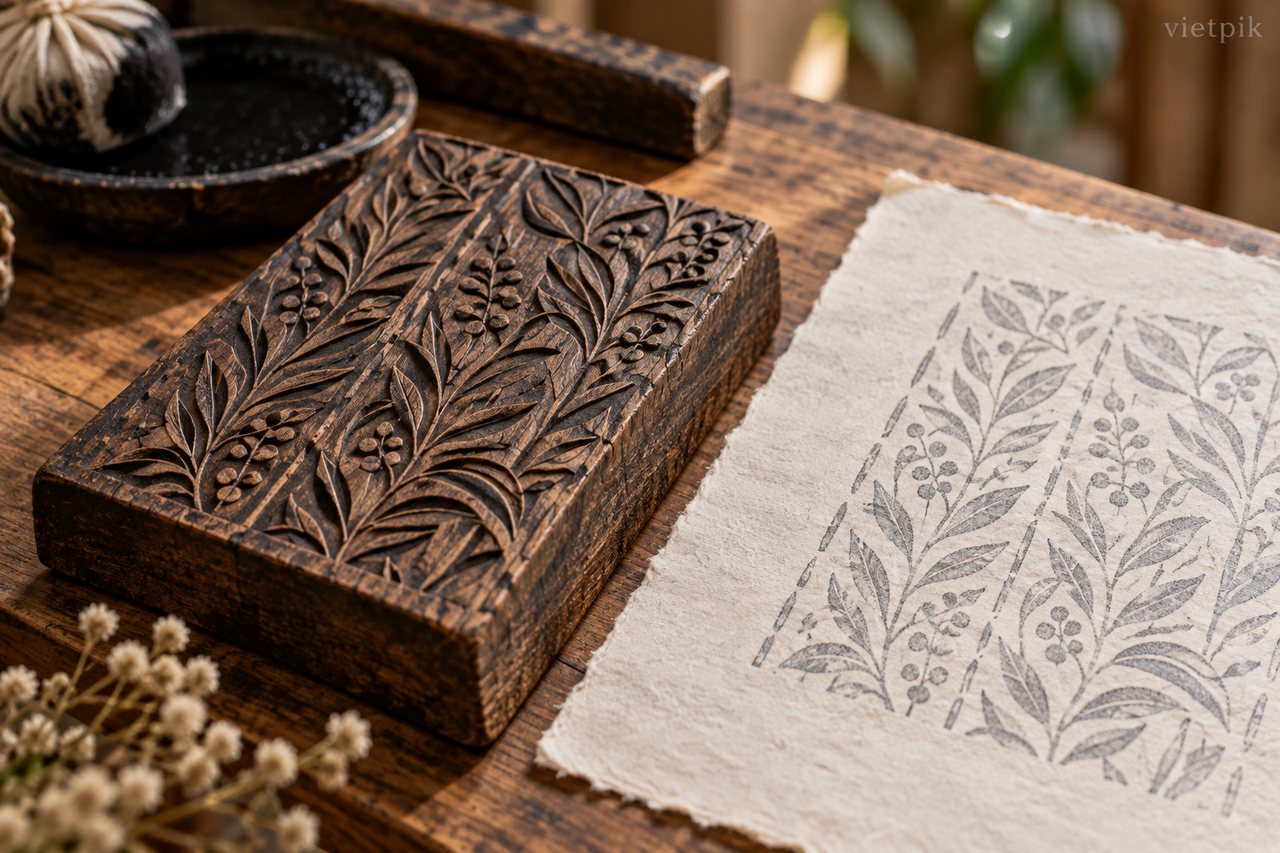 Generic woodblock printing with a botanical motif