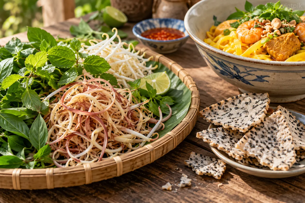 Fresh herbs and sesame rice crackers accompanying mì Quảng