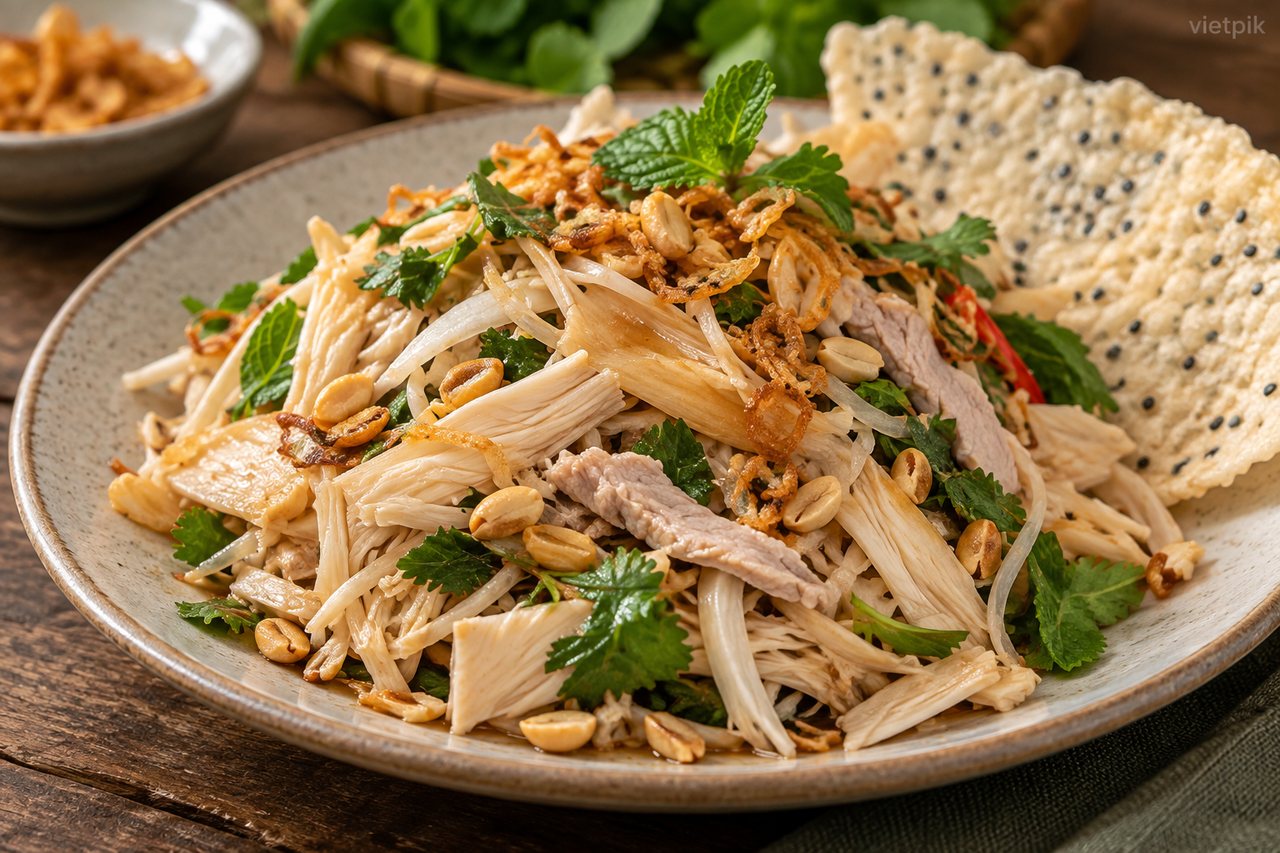Fibrous jackfruit, herbs and peanuts in a salad