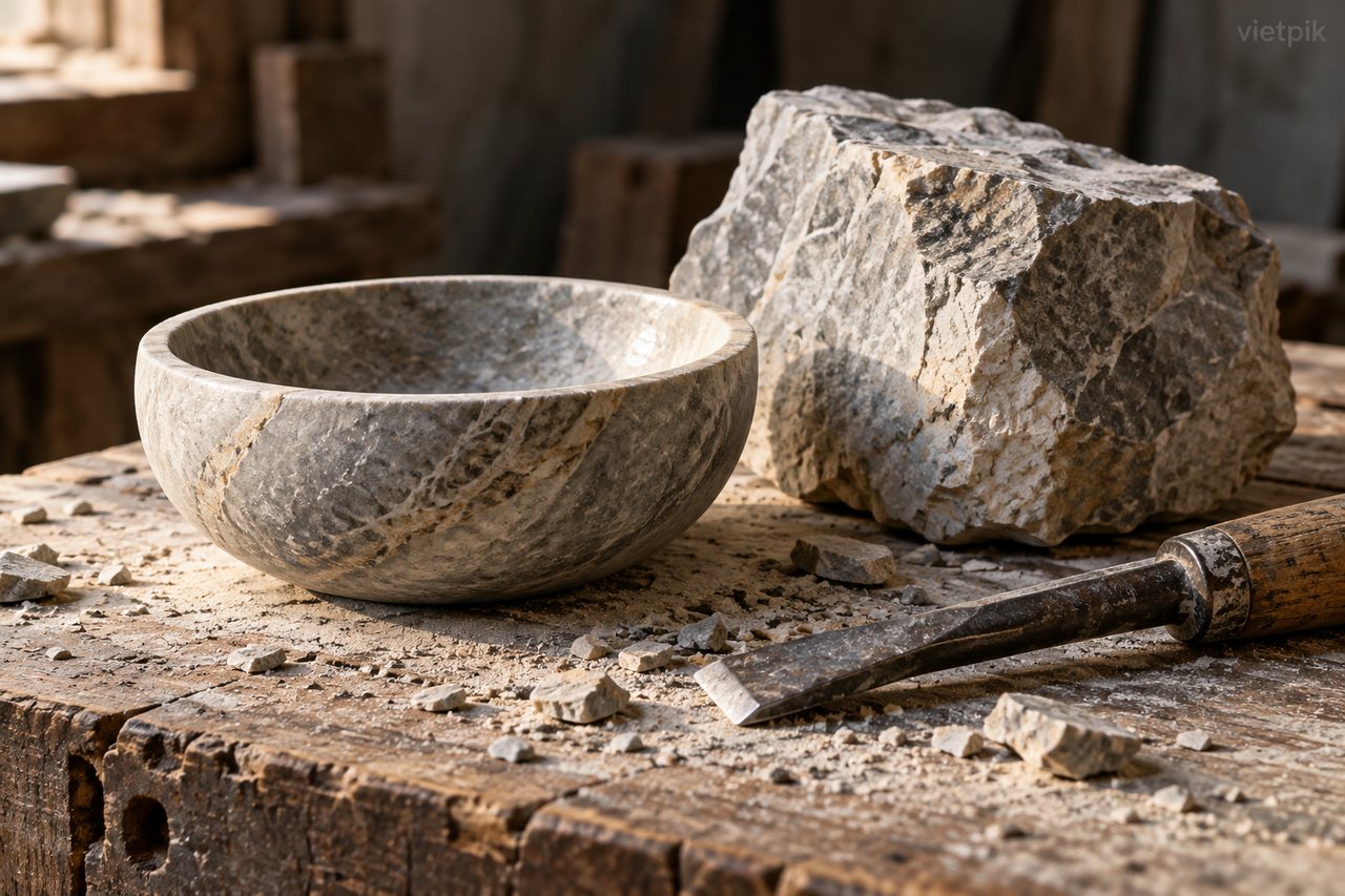 A smooth stone bowl beside rough material