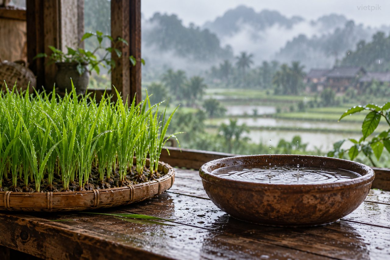 Rice seedlings and a bowl of water