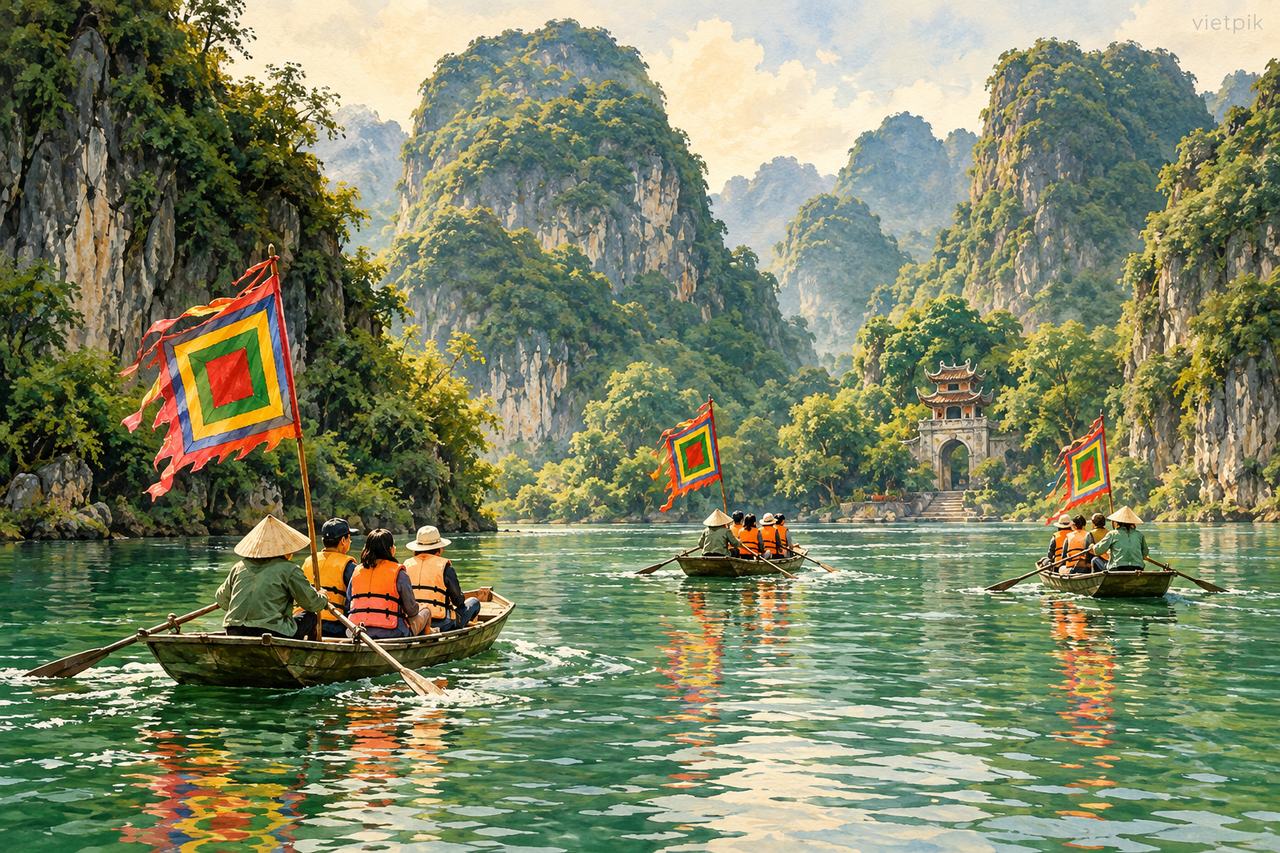 Small flag-bearing boats between limestone hills