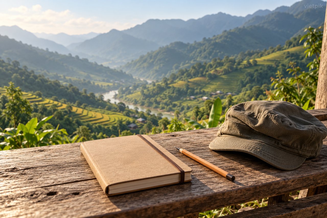 Travel notebook and cap before an imagined upland landscape