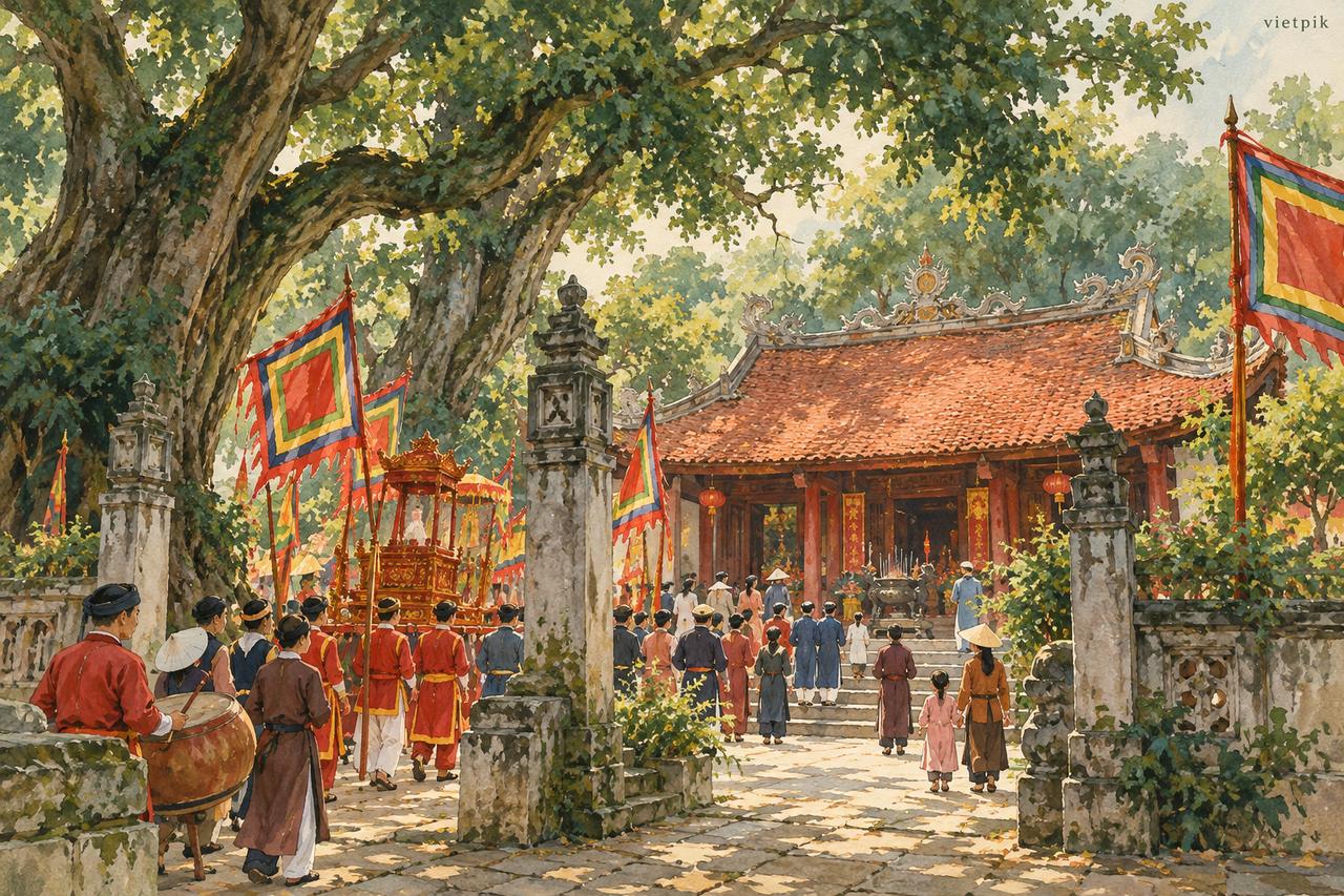 A shaded temple court evoking the festival setting at Đền Và