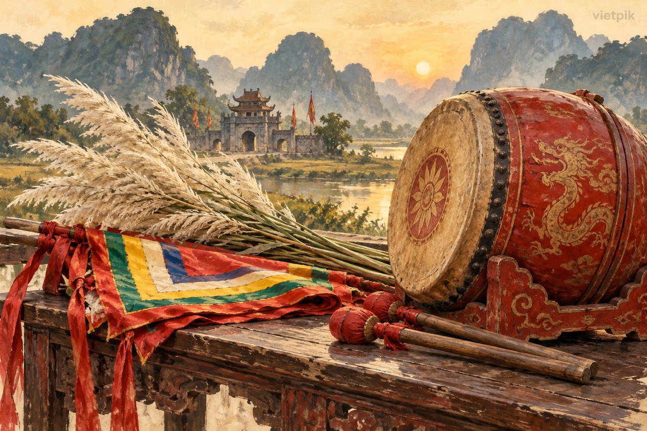 Reed plumes, ceremonial drum and folded festival flags