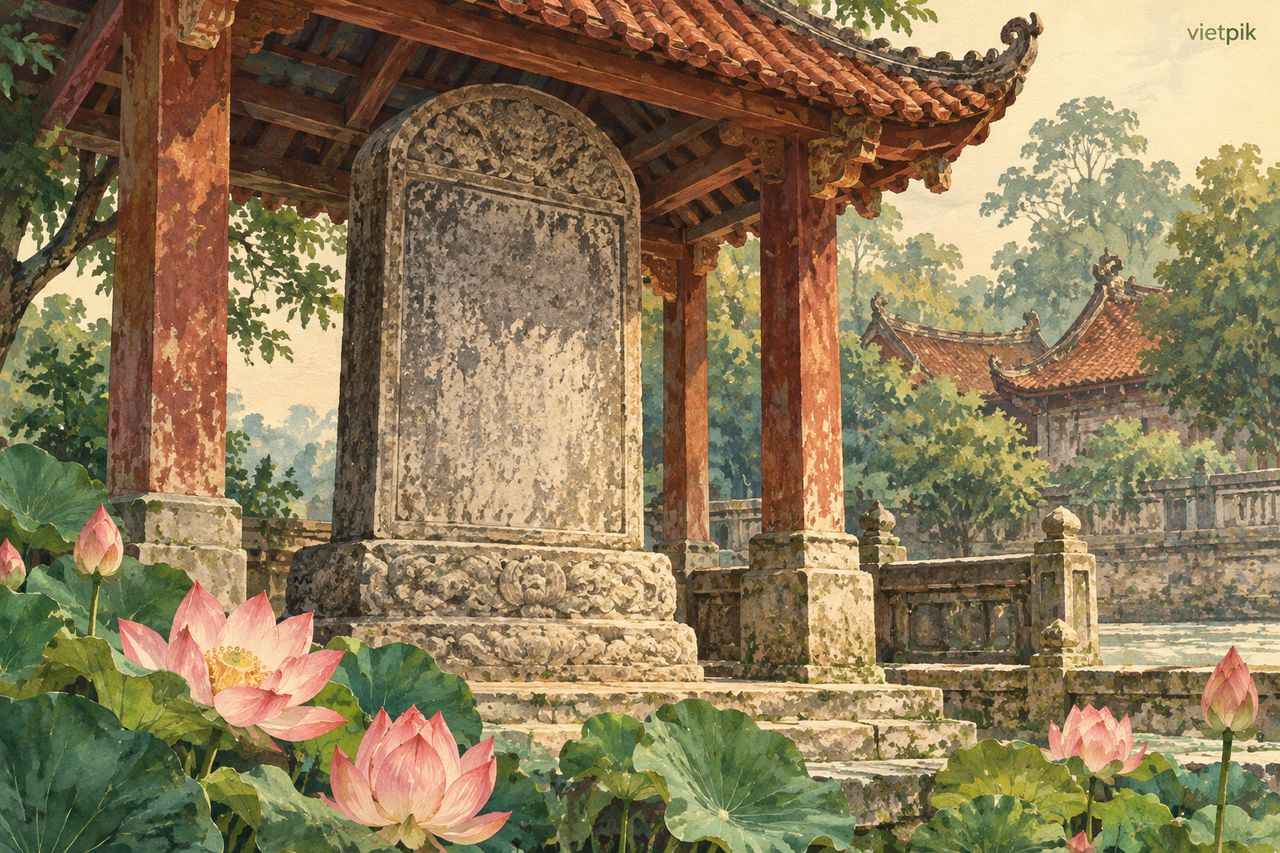 A conceptual stone stele beneath a tiled shelter