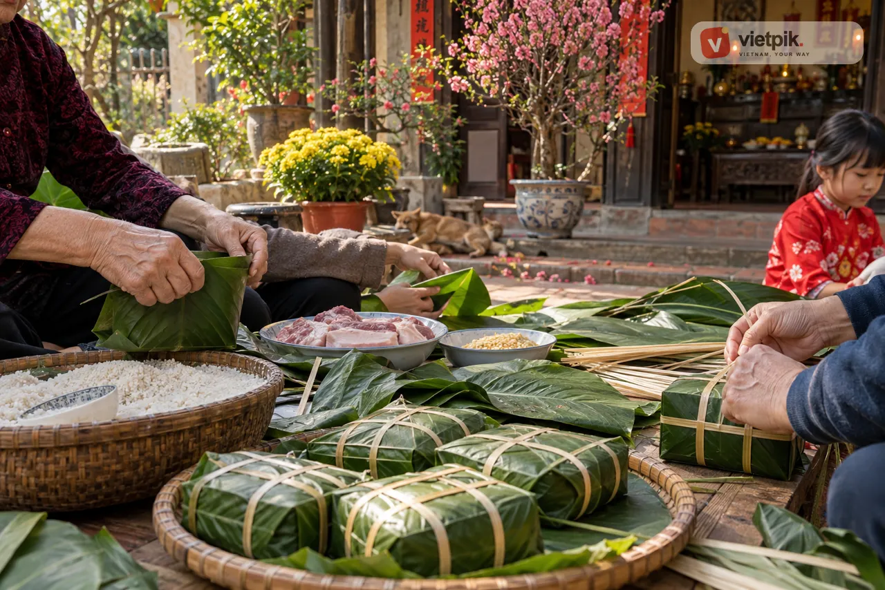 A Vietnamese family preparing bánh chưng together for Tết