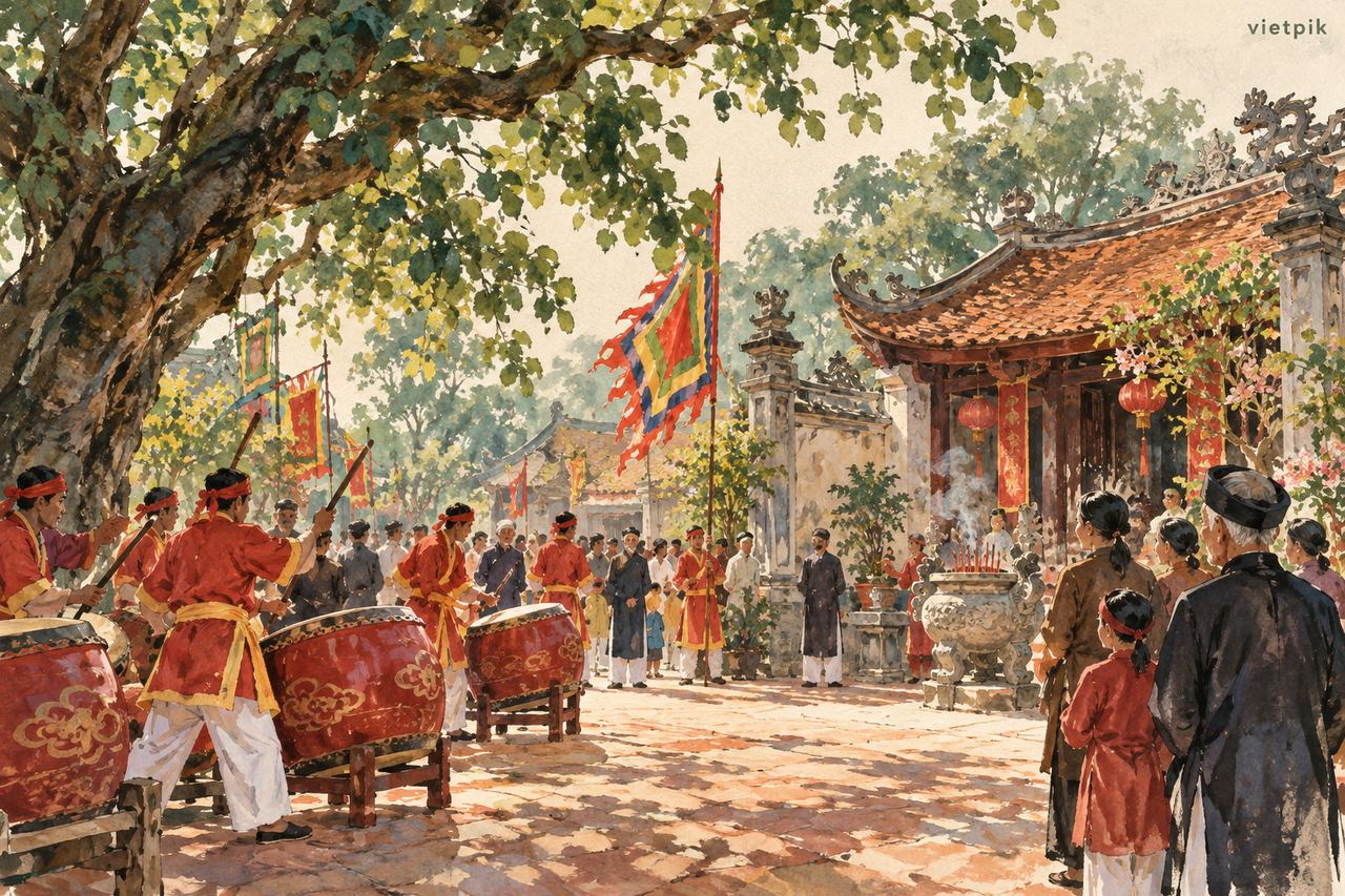 Community gathering and drums in an imagined village temple courtyard