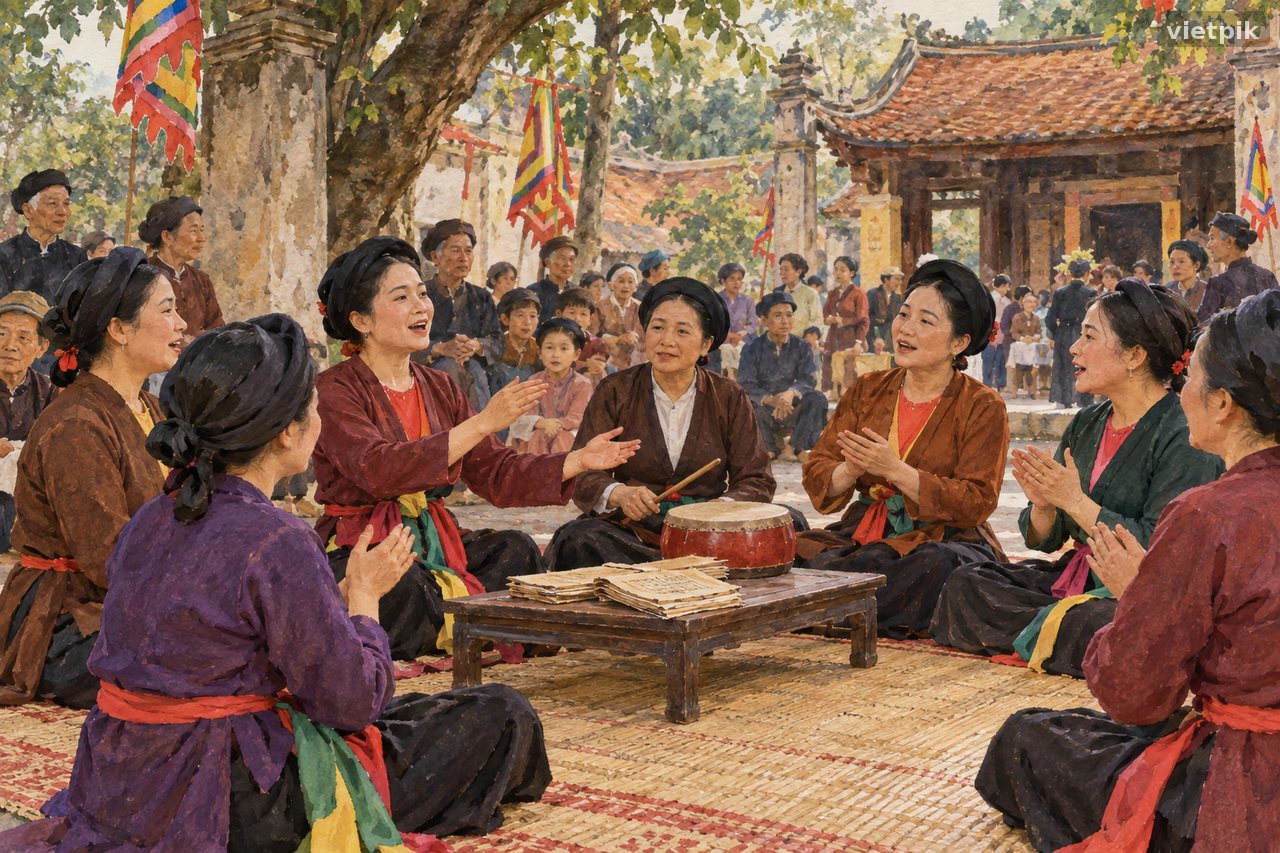 A call-and-response singing circle with drum and folded manuscript pages