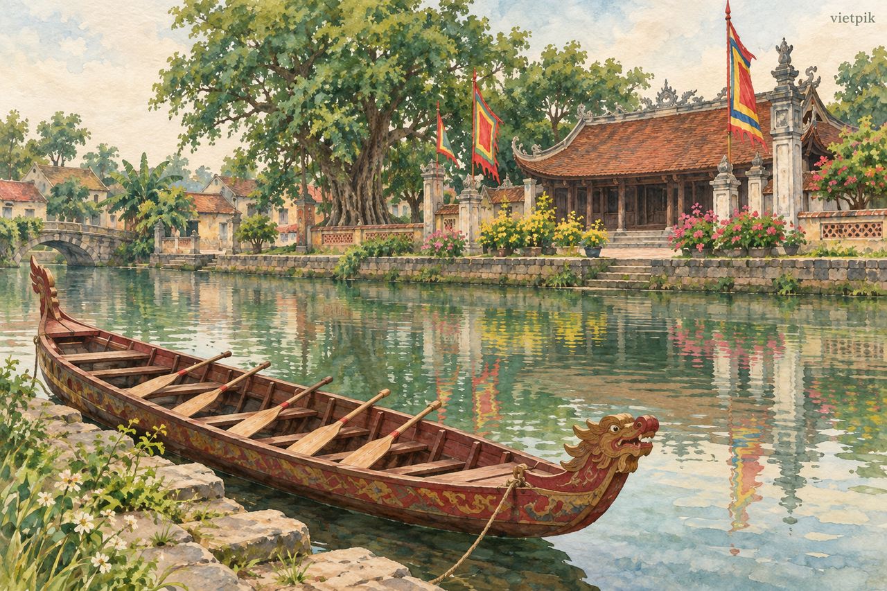 An empty rowing boat and paddles evoking Đăm rowing heritage