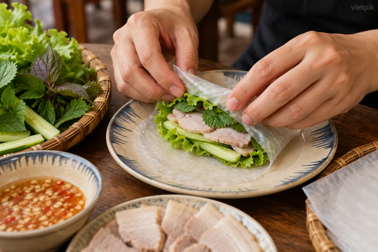 Hands assembling a pork and herb rice-paper roll